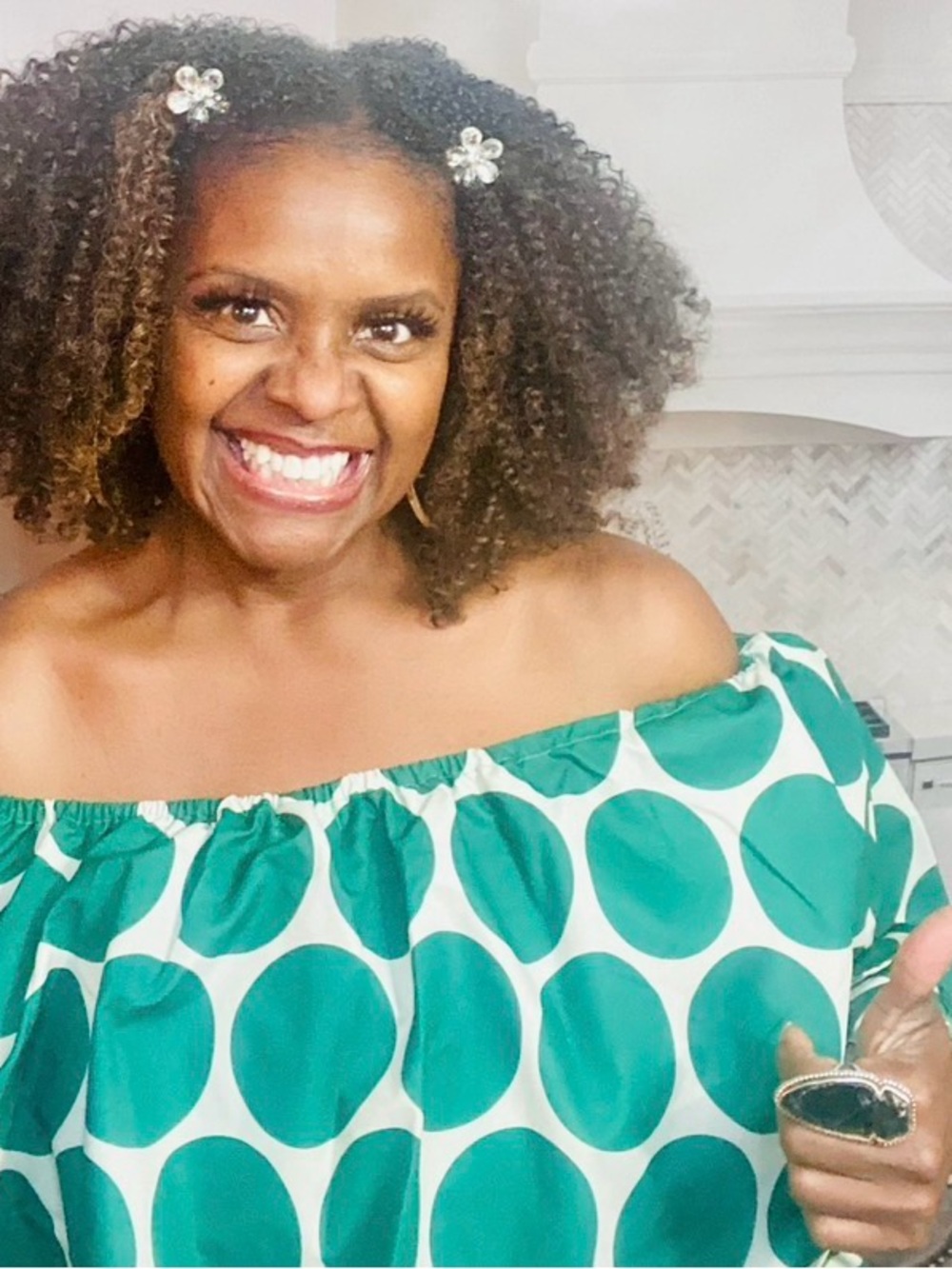 Green Polka Dot Off-Shoulder Blouse